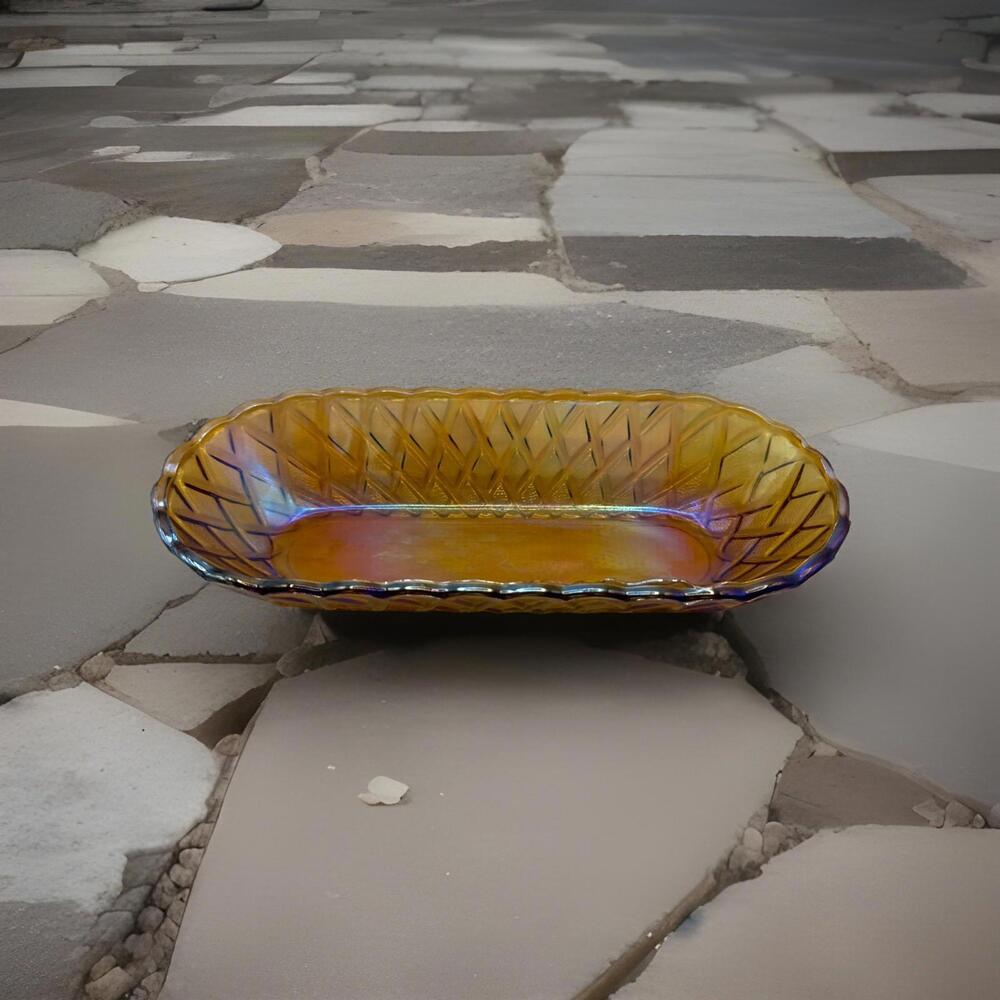 Vintage Amber Carnival Glass Celery/Relish Dish Basketweave/Pretzel Pattern